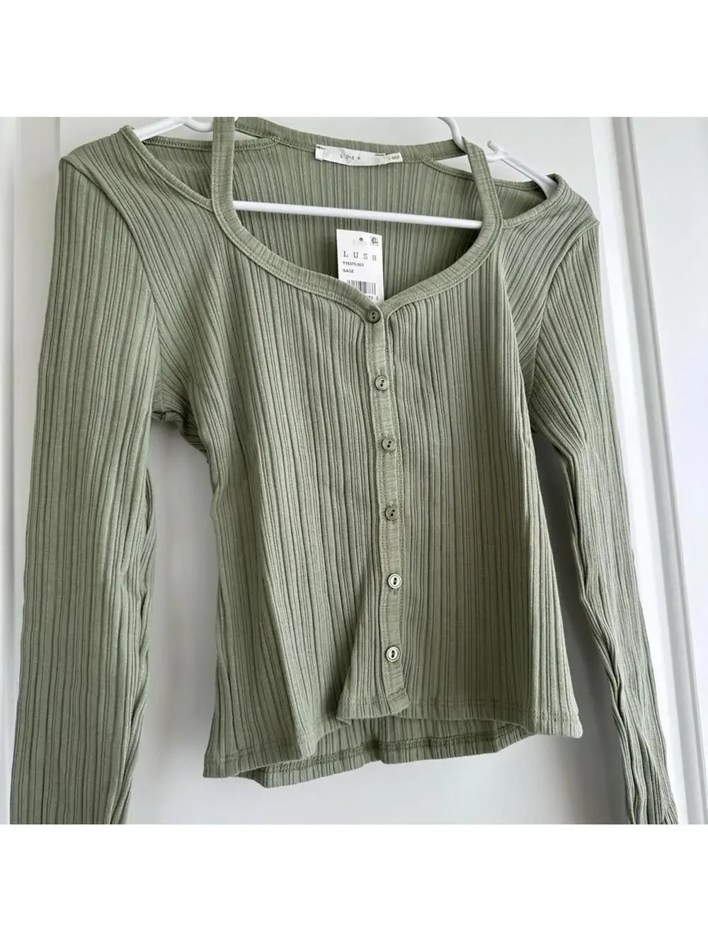 Lush Cotton Long Sleeve Scoop Neck Cotton Button Cut Out Rib Top SAGE Small